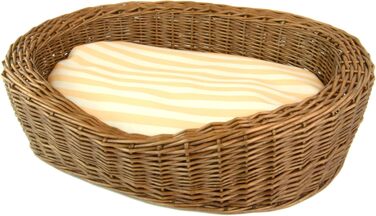 Ліжко для собак та котів, плетене з лози, кругле, з стьобаним подушкою в смужку, розмір M, коричневе