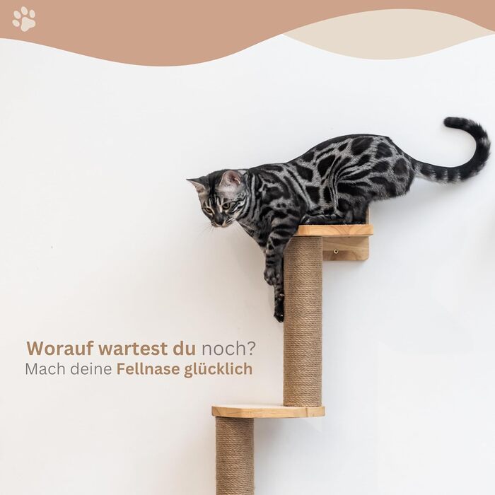 AZANO® Стіна для лазіння котів з масиву дерева та джуту, сірий | Котячий дряпач, сходи та меблі для котів, 3 варіанти монтажу