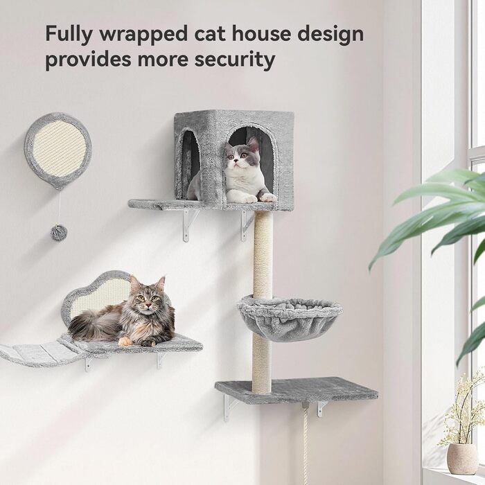 Комплекс для котів BYBYME з гамаком, ліжком та високими полицями, 6 предметів. Міцний, з плюшем, сизалевим покриттям та крізьовим покриттям. Для кількох котів. (Світло-сірий)