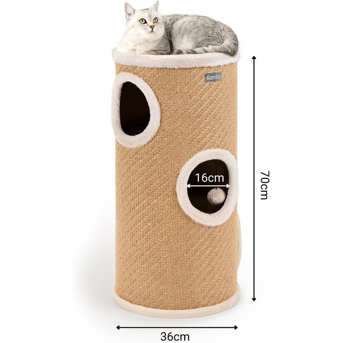 Котячий когтетоп Lionto з сизалю з іграшковим м'ячиком та плюшевим обідком, висота 50 см. Стабільний когтетоп для кошенят та дорослих котів, ідеальний догляд за кігтями та розваги, багато місць для хованнів, діаметр 36 см, висота 50 см (джут, висота 70 см