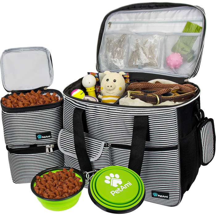 PetAmi переносна сумка для собак, відповідна вимогам авіакомпаній, органайзер з багатофункціональними кишенями, контейнер для їжі та складний миска, чорний, велика (L 37 x B 20 x H 30 cm), смужка, чорний