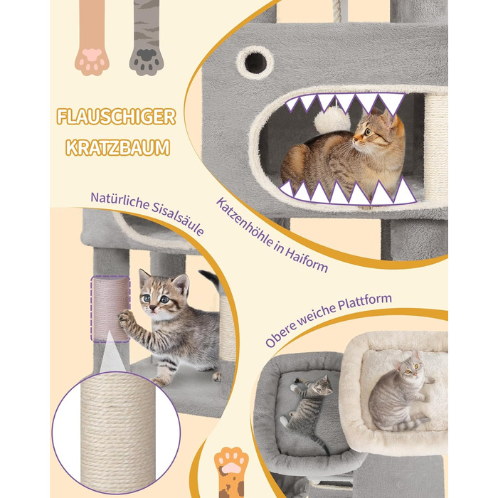 Кігтеточка для котів Hzuaneri, 159 см, з 8 стовпчиками, 3 платформами, 2 ховалами, корзиною, плюшевими кульками, мотузкою з сизалю, підходить для котів різних розмірів, MS15918LG (XL, світло-сірий)