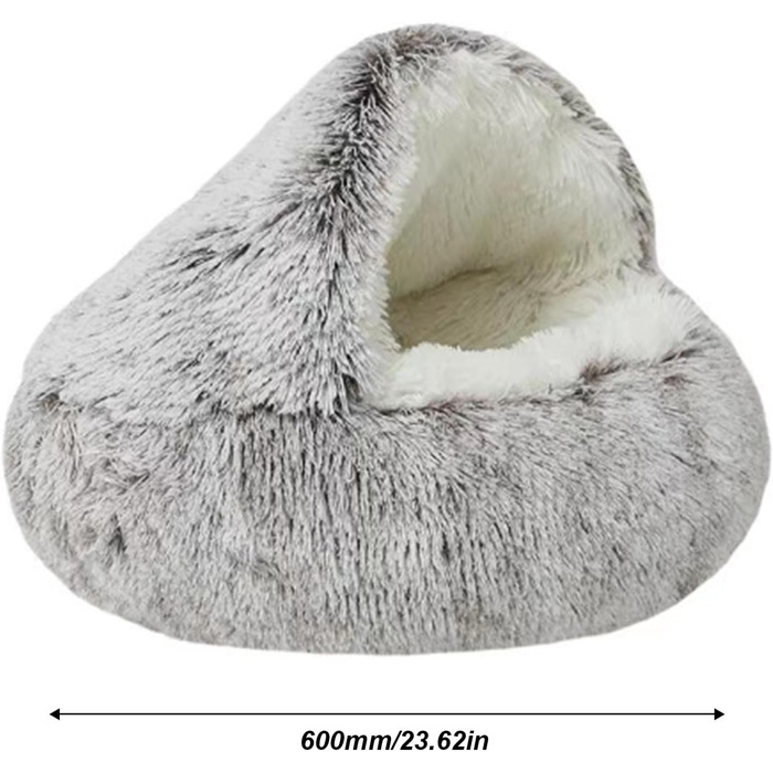Кругла лежанка-будиночок для котів та собак, м'який плюш, з капюшоном, 60x60 см, колір кавовий