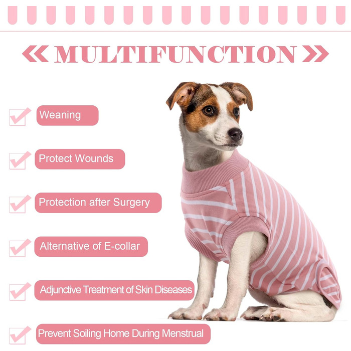 Одяг для собак після кастрації - Медичний боді для собак, альтернатива комірчику, для маленьких, середніх та великих собак, дихаючий, рожевий в смужку, розмір L