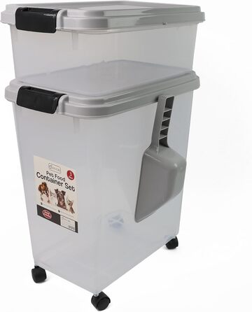 DIVCHI Контейнер для зберігання корму для тварин 3в1 з мірною ложкою, сірий. Підходить для собак, котів та інших тварин. Герметичний, з роликами, для сухого корму