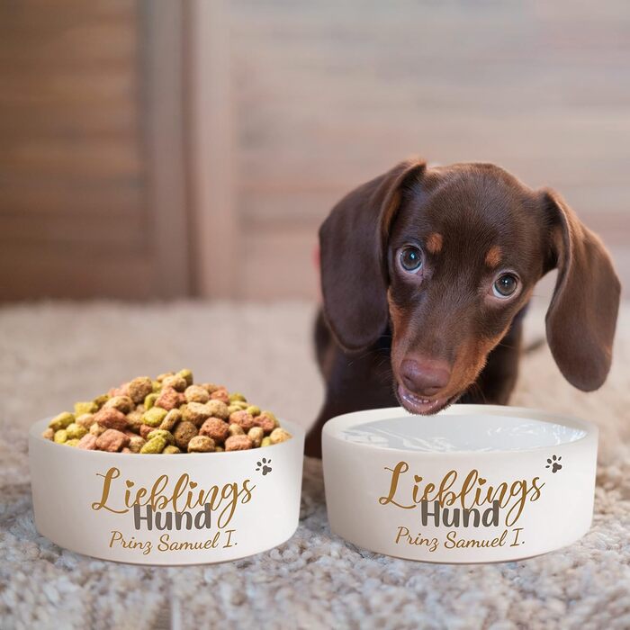 Керамічна годівниця для собак з іменем 'Улюблений собака' | Набір з годівницею/без підставки | Подвійна годівниця, миска для корму та води | для великих, середніх та маленьких собак, станція для годування (2x 500 мл)