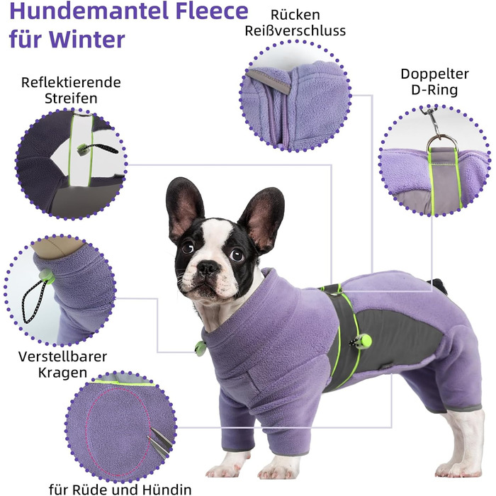 Флісова куртка для собак, тепла зимова куртка-мандель для собак, флісовий пуловер для собак з шлейкою та блискавкою, вітронепроникний, м'який піжамний костюм для середніх собак, Віндгорн, Французький бульдог (XS-XXL), M - обхват грудної клітки 42см, довжи