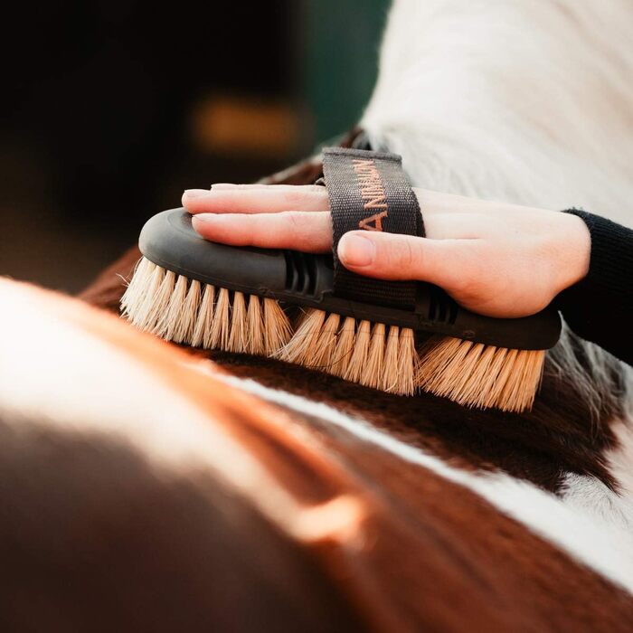 Щітка для коней Animalon CareFlex — жорстка коренева кардятша з натурального волосся, ергономічна щітка з липучкою для чищення шерсті, коричнева
