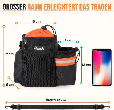 Сумка для ласощів для собак з диспенсером для пакетів та тримачем для пляшки, 3 способи носіння, регульований ремінь/ремень/кліпса, зелено-помаранчевий