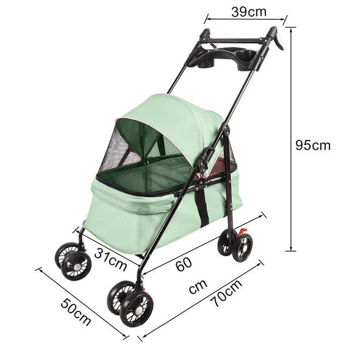 Дитяча коляска для собак та котів OHMG 3 в 1, зелена, складна, з 4 EVA-колесами, ручка, 3 вікна з сітки, тримач для напоїв, для маленьких та літніх собак, тролей для людей з обмеженими можливостями (50 x 70 x 95 см)