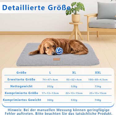 Килимок для собак, неслизький, миючий, для активного відпочинку, знімний чохол, для маленьких, середніх та великих собак, теплий взимку та прохолодний влітку, сірий, XXL (105 x 68 x 4,5 см)