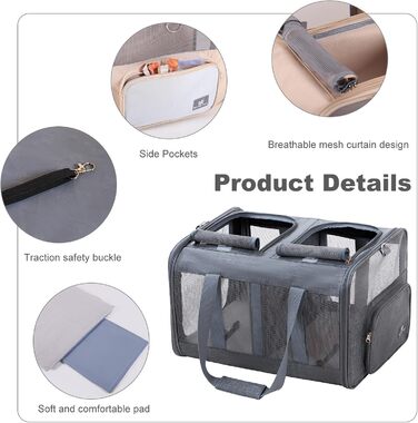 Транспортна сумка PETCUTE для котів середніх розмірів та маленьких собак до 17.5 кг, складана переноска з плечовим ременем та внутрішнім страхувальним шнуром, переноска для котів для подорожей, схвалена авіакомпаніями, темно-сіра