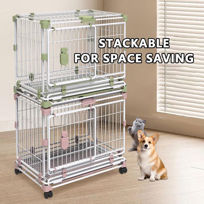 Транспортна переноска для собак, вольєр, переноска для тварин, складана, металевий каркас, 2-3 ярусна, з подвійними дверцятами, антизламна, з колесами та піддоном, легка у прибиранні (рожева, 76.5 x 48 x 61 см)