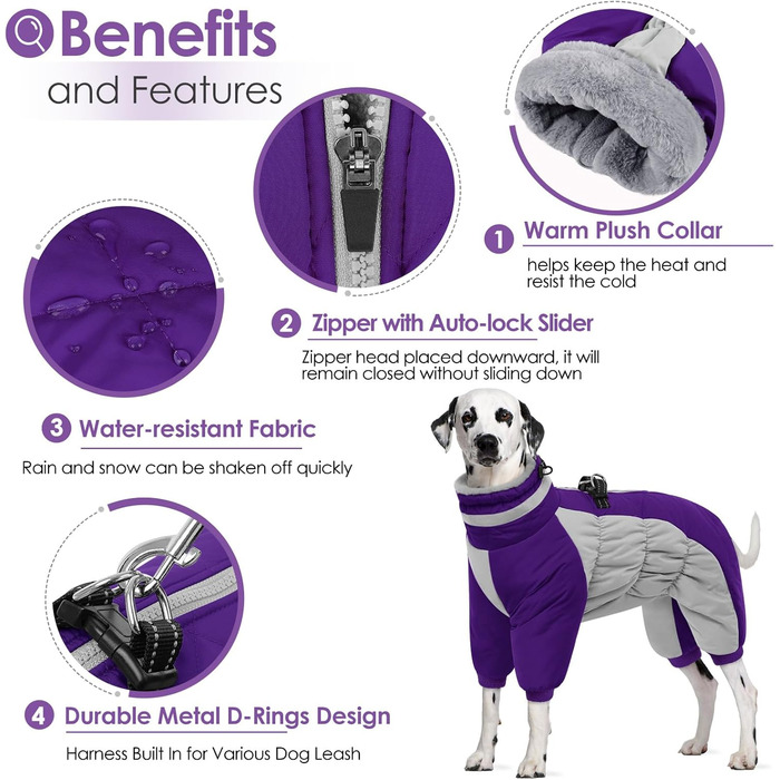 Теплий зимовий одяг для собак AOFITEE: вітрозахисний флісовий костюм з інтегрованим шлейкою, світловідбиваючим коміром, для чотирилапих, малих порід, фіолетовий