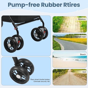 Складаний візок для собак з 4 колесами та дихаючою сіткою - Легкий транспортний візок для маленьких собак та котів до 10 кг, з регульованим сонцезахистом, тримачем для напоїв та страхувальним ременем, Чорний