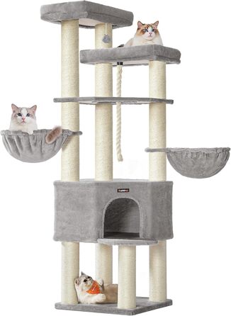 Декілька поверхів, великий котячий будиночок Feandrea, XXL, 55 x 55 x 186,7 см, товсті сизалеві стовпи (11 см), для великих котів (наприклад, мейн-кун), сірий та чорний котячий будиночок, PCT008G02