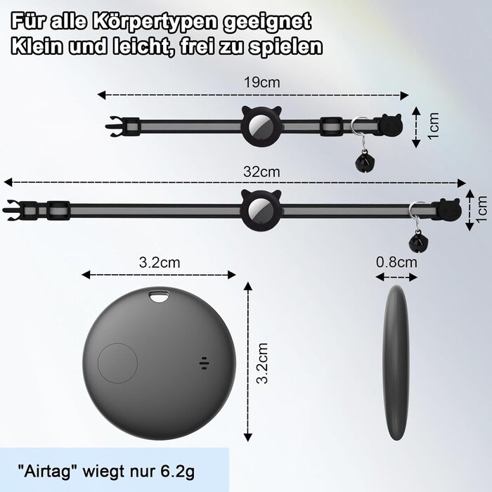 Робофан SmartTag ошийник для кота з GPS трекером, відбиваючий, сумісний з Apple Find My (тільки iOS), чорний
