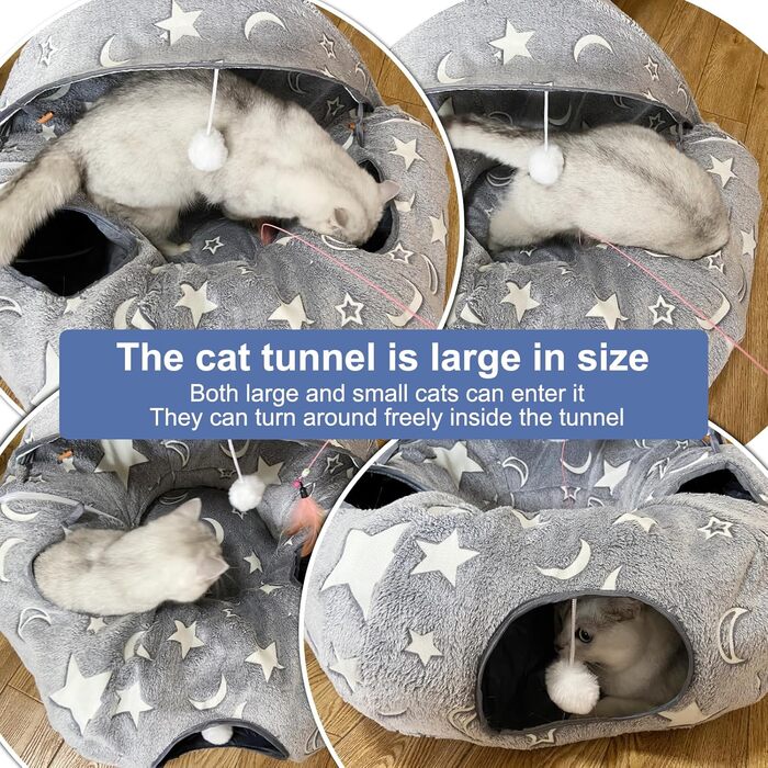 Кішка ліжко з підсвіткою, великий плюшевий тунель для котів з м'ячиком, велика шуршача печера для котів, іграшка для котів, кроликів або цуценят, сірий колір + світиться в темряві