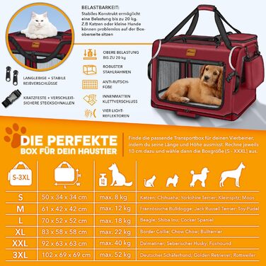 Трейвел-бокс для собак та котів TRESKO® S 50x34x34cm | Розкладний, з підкладкою, лопаткою та світловідбивачами | Для маленьких та великих собак | Червоний