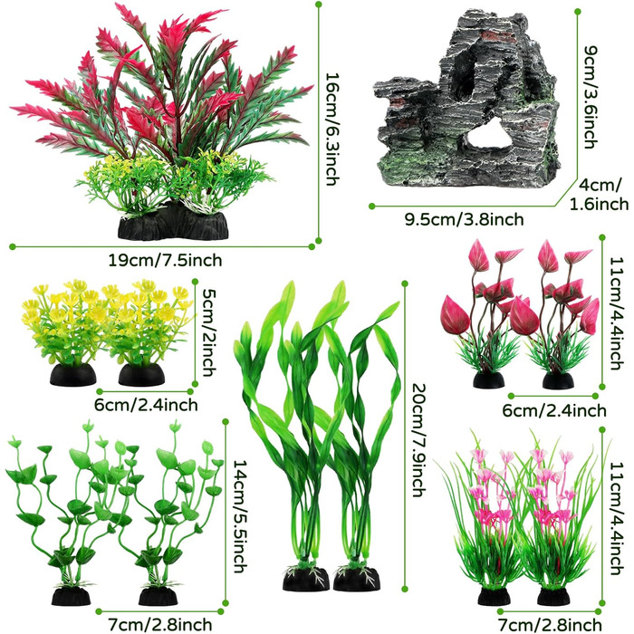 Аксесуари для акваріума QUOZUO: набір з 12 штук, яскраві штучні рослини та декоративні камені-печери