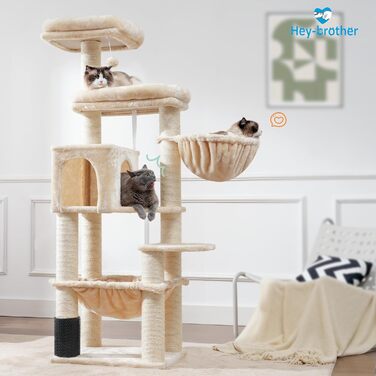 Великий котячий комплекс Hey-brother XXL для мейн-кунів, 168 см, з гамаком, сизалевими стовпами (φ11 см), кігтеточками, 2 платформами, будиночком, корзиною, бежевий EMPJ01M