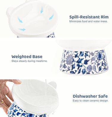 Котло propositions, Підвищена годівниця для котів TIGOADT, керамічна, широка, нахилена, проти блювоти, для кошенят та дорослих котів (блакитно-білий візерунок)