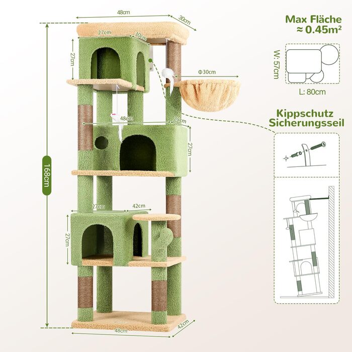 Драбина-будинок для котів Globlazer з кутовою конструкцією, 168 см, 3 будиночки, велика платформа, 5 сизалевих стовпчиків, кошик, іграшки, для 3-4 котів (зелений)