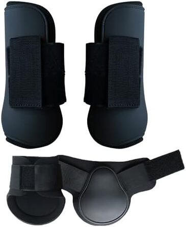 Гетри для коней Merauno® 4 шт. Захисні гетри для передніх та задніх ніг з жорсткою вставкою та ланцюговим закриттям. Підходять для жінок та чоловіків. Міцні PU чоботи для кінців сухожиль, класичні (будівельні). Розмір L, чорний.