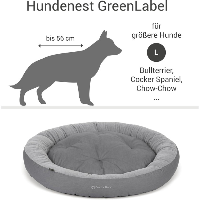 Кругле лежанка для собак великих порід Doctor Bark GreenLabel, 70x60 см, світло-сірий, з м'яким флісовим/бавовняним подушкою