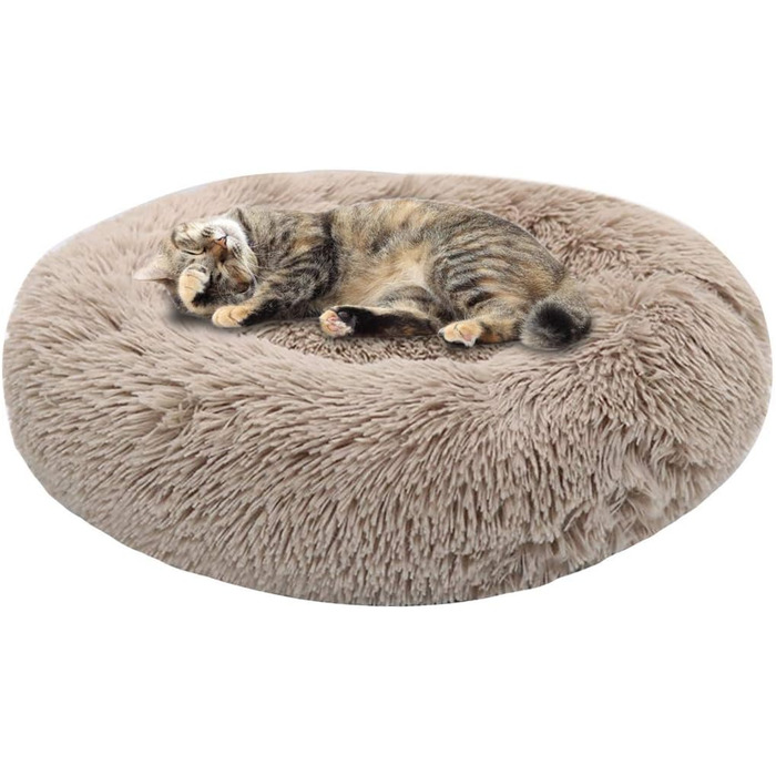 М'яке ліжко для домашніх тварин, ліжко-пончик з розкішним хутром, круглий або овальний килимок для собак та котів, дуже м'яке ліжко для котів та маленьких собак, колір кава, 70x70 см