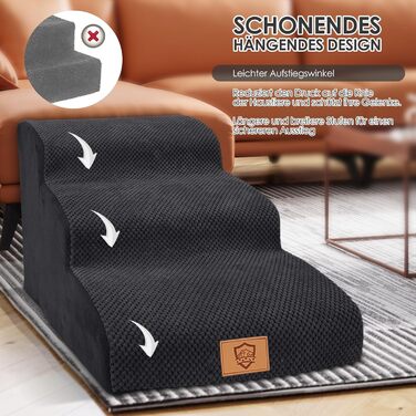 Сходинка для собак Myiosus – 3 ступені, для малих собак, з високощільним губчатим матеріалом, портативна, знімний та миючий чохол, антиковзаюча, чорна