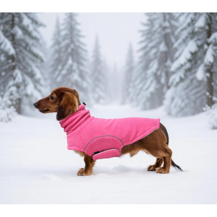 Теплий флісовий пуловер для собак, теплий одяг для такс, одяг для собак з отвором для повідка, відбиваюча мініатюрна одяг для такс на зиму, для холодної погоди, для дому та вулиці (XS(довжина спини: 31~33см), рожевий)