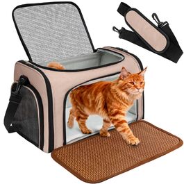 Транспортна сумка для котів та маленьких собак – складана, добре провітрювана переноска. Сумка для котів з водонепроникним вкладишем для безпечного транспортування до ветеринара, у подорожах та в автомобілі (Коричнева)