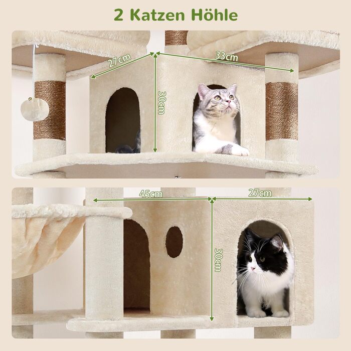 Драбина-будинок для котів Globlazer Beige XXL, 209 см: 3 стійкі лежанки, 2 будиночки, 2 кошики, велика платформа, іграшки для котів. Стабільна для 3-5 котів.