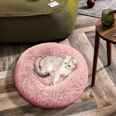 OKPOW Крізьке ліжко для собак: м'яке, кругле ліжко для цуценят, анти-страх, комфортне ліжко для котів, плюшеве ліжко для домашніх тварин, пральне, Ø60см, рожеве (M)