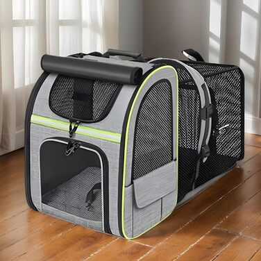Рюкзак для котів та маленьких собак | Транспортна сумка для домашніх тварин, дихаюча, розкладна, для подорожей, прогулянок, сірого кольору з зеленими вставками