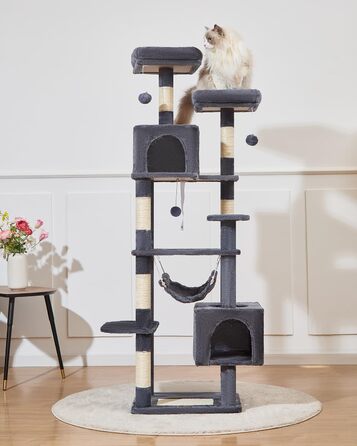 Дряпка для котів Taoqimiao MS020SG, котячий комплекс для дому, м'який будиночок з 6 стовпчиками, 2 лежаками, 2 домівками, гамаком і 3 іграшками-помпонами, сірий