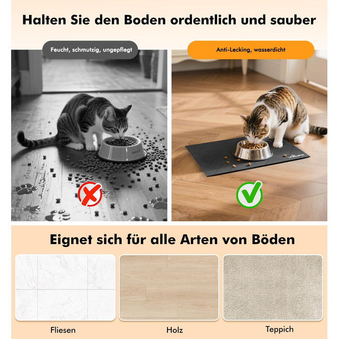 Підкладка під миску для собак та котів, сіра, 31 x 51 см - швидковисихаюча, нековзна, з абсорбентом