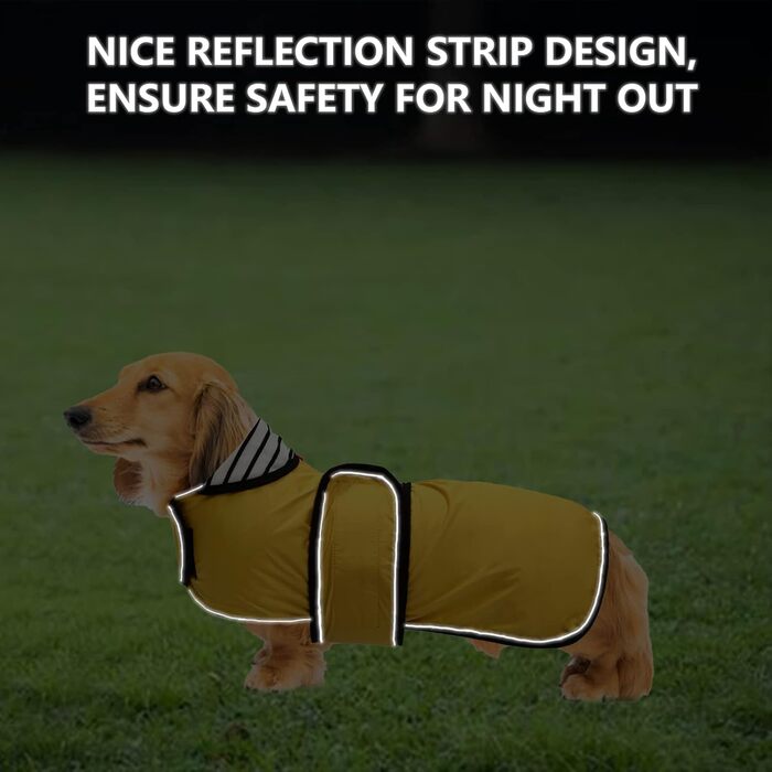 Жовтий дощовик для собак, регульований, водовідштовхуючий, для такс, з відбиваючими елементами, з реміннем на липучці, розмір M (довжина спини 42-45 см)