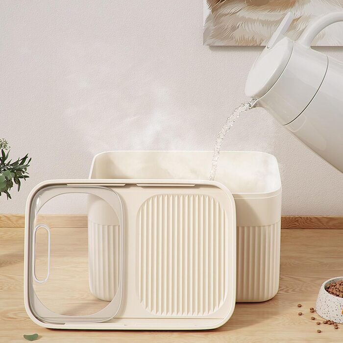 Контейнер для зберігання корму для собак та котів, 13,6 кг, з мірною ложкою, великий об'єм, герметичний, складаний, бежевий (24 x 18 см)