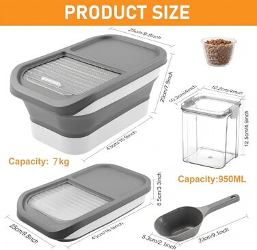 Контейнер для корму для собак та котів, 7 кг, сірий, з мірним стаканом та ложкою