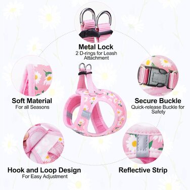 Нашийник та поводок для собак та котів BeautyzOO, м'яка сітка, світловідбиваючий, для маленьких та середніх цуценят, в клітинку, XS/S, (41-46см обхват грудей), рожевий, з квітковим принтом
