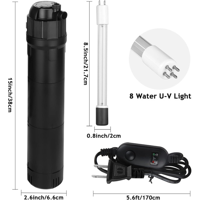 Фільтр для акваріума ITIY 5-в-1 з UV-фільтром, 650 л/год, 6W, з таймером, регульований на 180°, для малих акваріумів, тропічних акваріумів та водосховищ для черепах (8W, 800 л/год, UV: 10W)