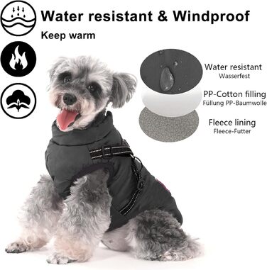 Теплий зимовий одяг для собак, водонепроникний, для маленьких собак, з кільцем, чорний, 30 см