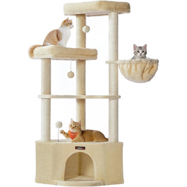 Дряпка для котів Feandrea, кігтеточка з великою затишною печерою, платформами, м'ячиками та лежанкою, 48,5 x 48,5 x 140,7 см, бежевий PCT009Y01