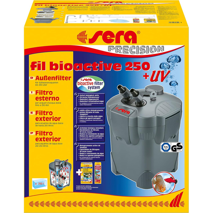 Зовнішній фільтр sera fil Bioactive 250 + UV для прісноводних акваріумів до 250 л, 5 Вт UV-C лампа, захист від хвороботворних бактерій і водоростей, оптимальні фільтруючі матеріали, підвищена продуктивність, довговічний