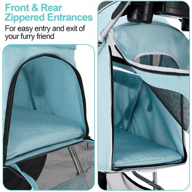Візок для собак до 15 кг, складаний, з кошиком для зберігання, сітковими вікнами, блакитний, з дощовиком