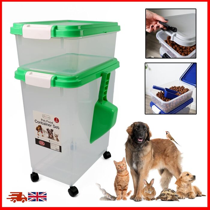 DIVCHI Контейнер для зберігання корму для тварин, 3 шт. з мірною ложкою, для собак, котів, корму, з роликами, зелений