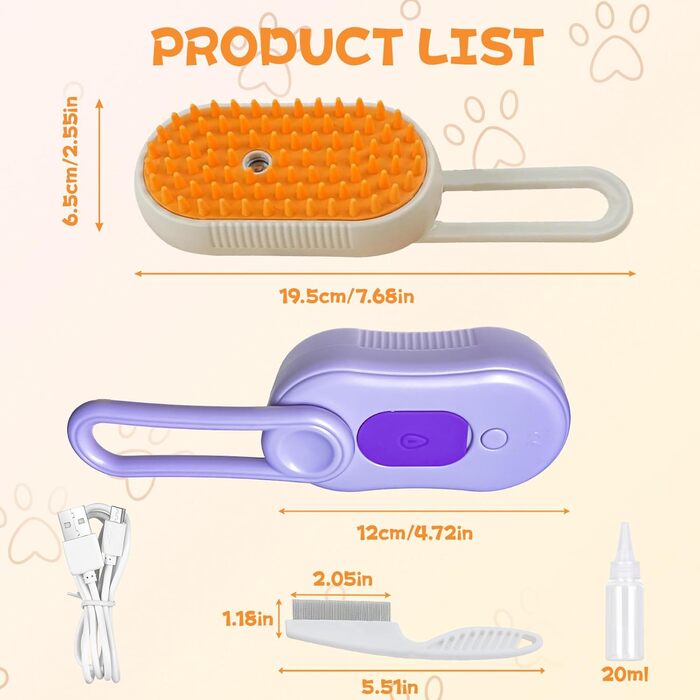 Парова щітка для котів Katzen, 2025 гребінець з розпилювачем, 3-в-1, самоочисна щітка для шерсті котів, домашніх тварин, собак, акумуляторна щітка для шерсті котів