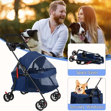 Візок для собак 2 в 1, візок-переноска для тварин до 20 кг, з поворотними колесами 360°, з підстаканником, синій